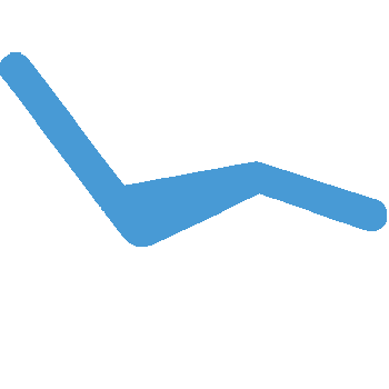 The image shows a stylized graphic of a blue recliner chair with a white armrest, accompanied by a small icon of a person lounging on it, against a black background.
