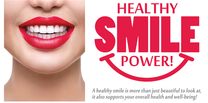 The image features a smiling woman with red lipstick, along with text that reads  HEALTHY SMILE POWER  and  SMILE SMART,  which appears to be an advertisement for dental care services.