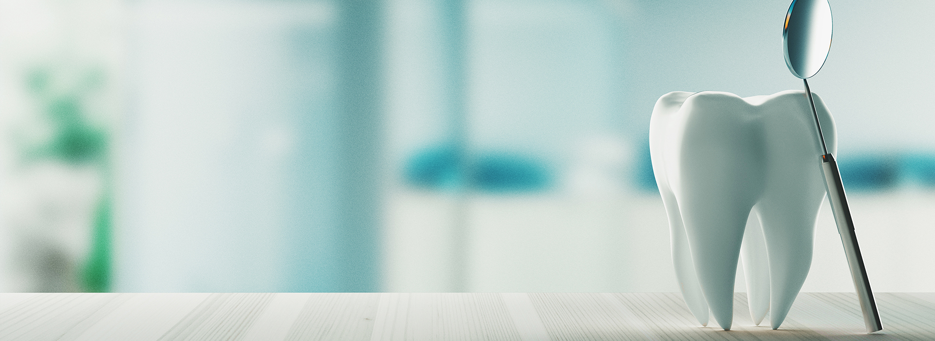A digital artwork featuring a tooth-like object with humanoid features holding a cane, set against a blurred background with blue tones.