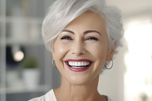 The image features a smiling older woman with short gray hair and red lipstick, wearing a white top, set against a blurred indoor background.