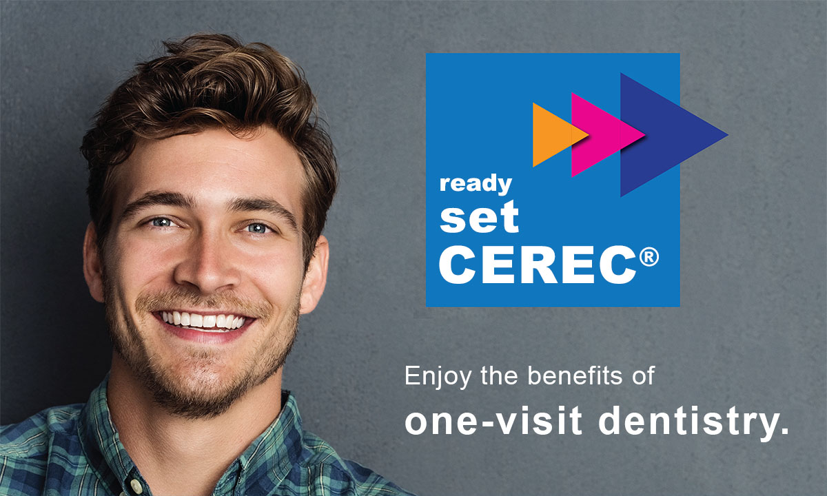 The image features a man with a beard smiling at the camera, standing against a blue background with a graphic design on the right side that includes text and an arrow pointing upwards, and there s a logo for  CEREC  in the top left corner.