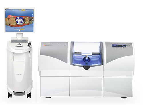 The image shows a display of advanced dental equipment, including a dental scanner, an intraoral camera, and a 3D printer, which are commonly used for digital dentistry and implant planning.